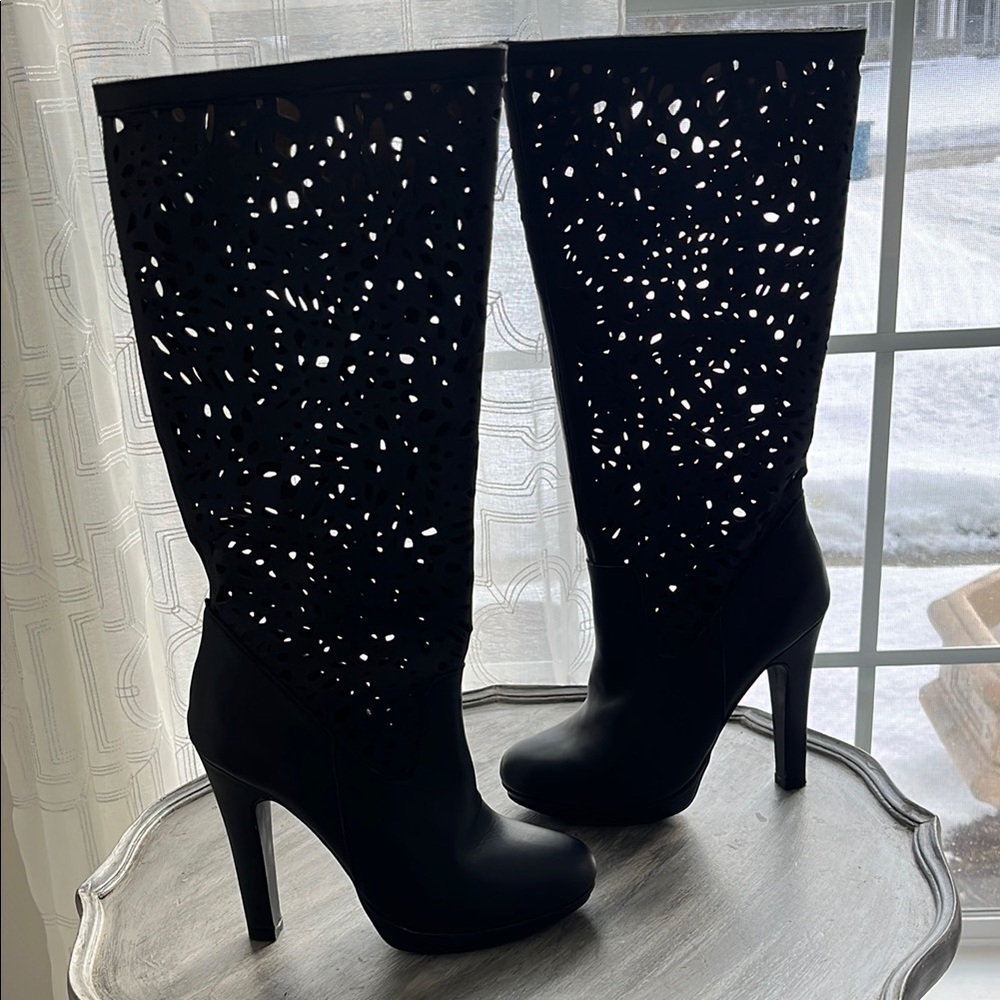 Colin Stuart leather Black Cutout Knee-High tall platform heeled Boots size 7